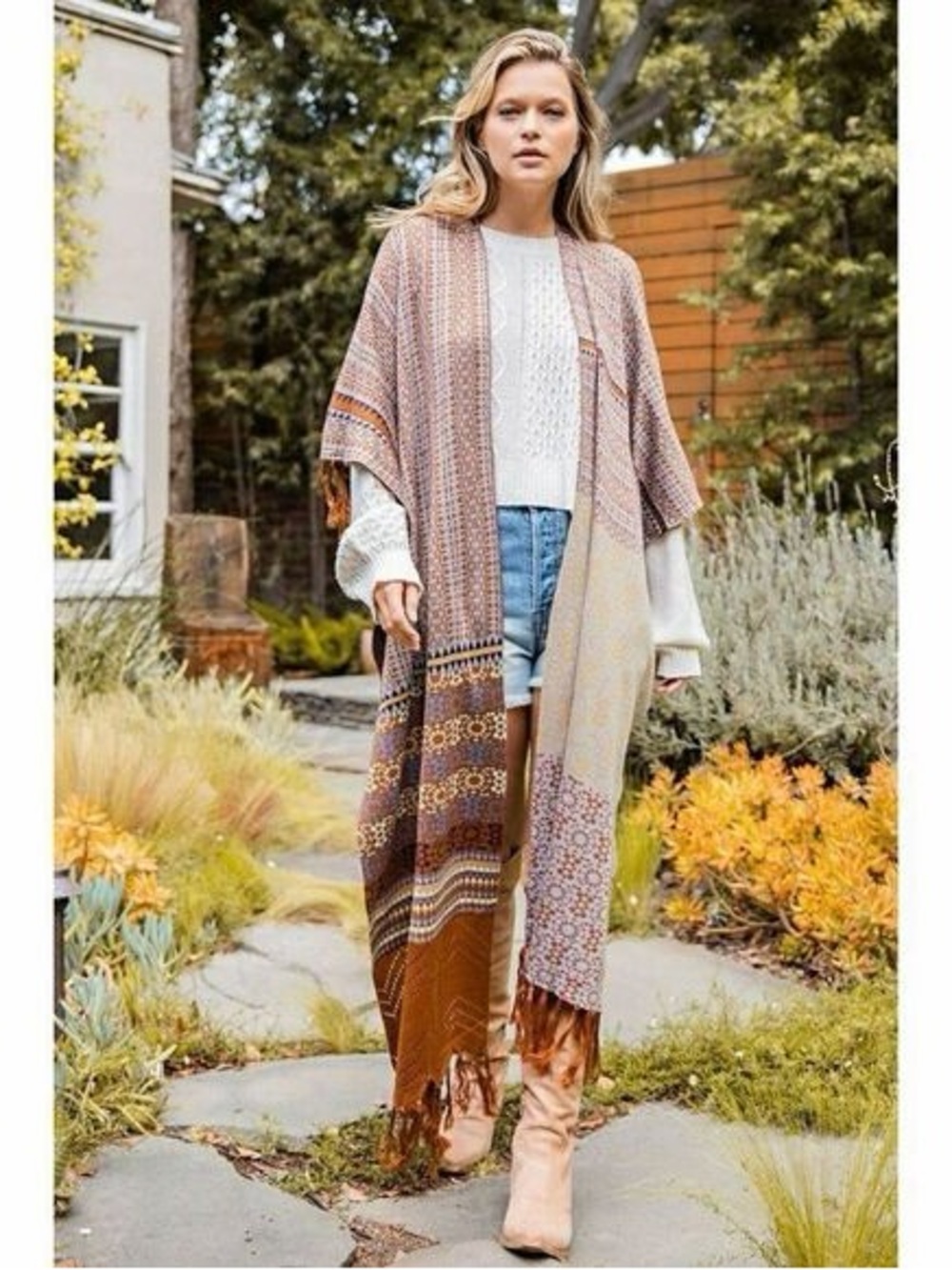 Easel Geometric Knit Fringe Kimono Cardigan Wrap Poncho OS Rust Brown Boho